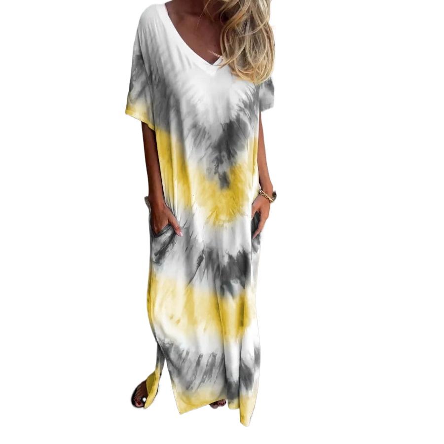 Casual Beach Maxi Tie Dye Printed Dresses Women's Spring Summer Short Sleeve V-neck Plus Size Long Dress