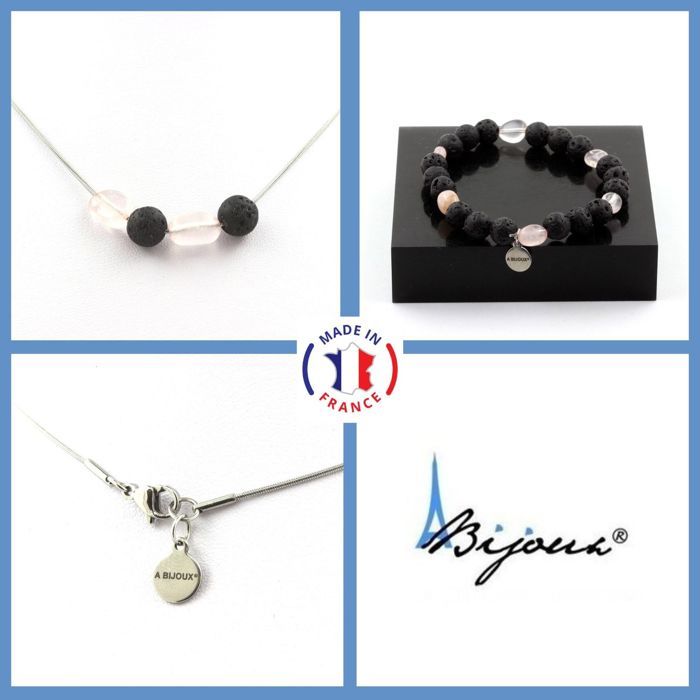 Stones and Minerals. Jewelry Set Bracelet Necklace 4 Lava Beads 8 Mm + Rose Quartz Customizable Size.