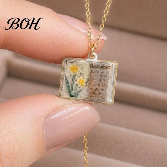 Minimalist Book Pendant Women Birth Flower Necklace, Floral January to Everyday Wear Necklace December Month Gift for Wife Girlfriend Unique