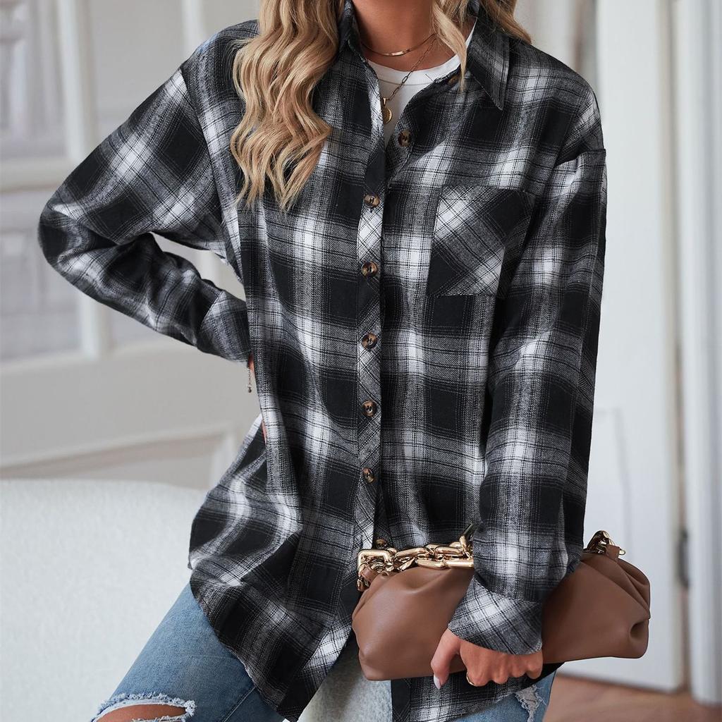 HNXC Женская мода, повседневные летние клетчатые блузки и рубашки с длинными рукавами и воротником-поло, кардиган