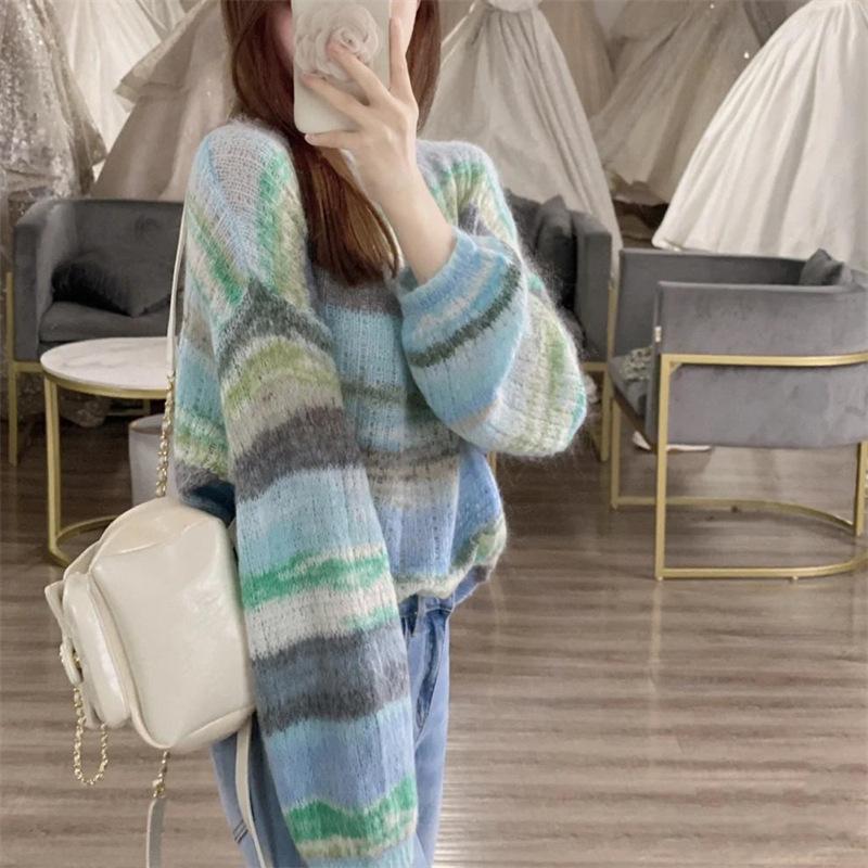 Нежный ветер Цветовое столкновение Полосатый свитер Женский Тонкий свитер Ранняя осень и Зима Носить Топ Сладкий Пуловер Тренд