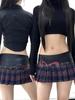 Sexy Plaid Pleated Mini Skirt PU Splicing Punk Low Waist Y2k Aesthetic Girl Skirts Gothic Girl Clothes Ladies A-Line Skirt
