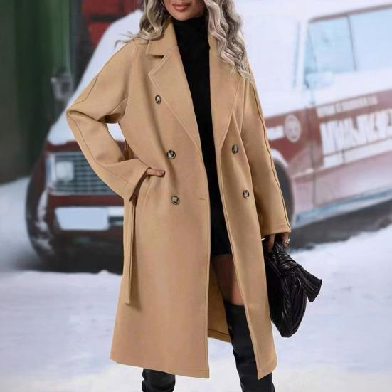 Женское шерстяное пальто средней длины, двубортный тренч, с длинным рукавом, лацканами с вырезом, пальто с поясом, осенне-зимняя верхняя одежда