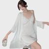 Lace Hollow Temptation Ice Silk Suspender Nightdress & Robe Set with Chest Pad