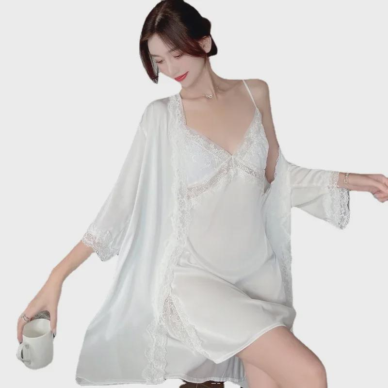 Lace Hollow Temptation Ice Silk Suspender Nightdress & Robe Set with Chest Pad