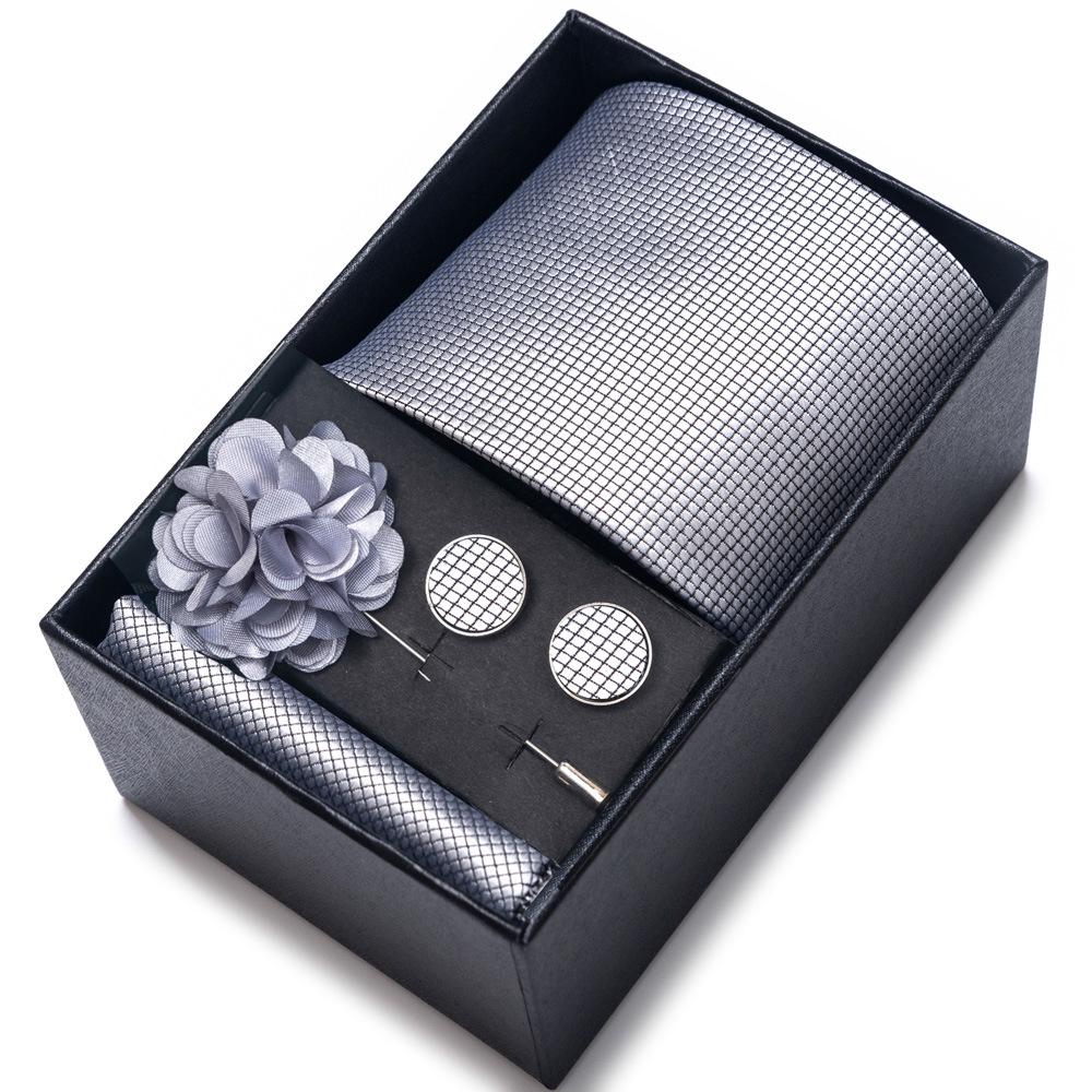 Men's Blue-Gold Stripe Tie Set: Includes Pocket Square, Cufflinks & Lapel Pin in Gift Box - Perfect for Gifts