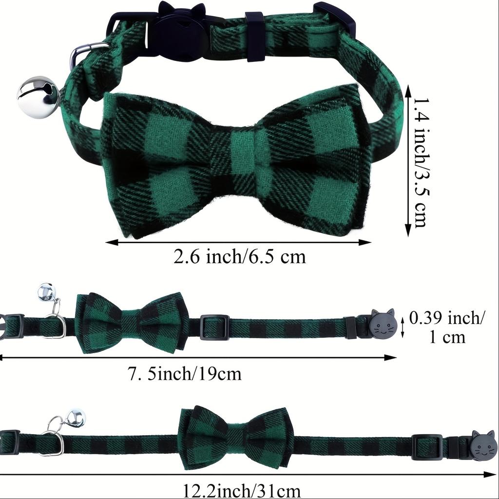 Cat Collars with Bell & Cute Bowtie Adjustable Plaid Polyester Collars for Cats, Kittens & Small Dogs Pet Safety Collar Pet Accessory