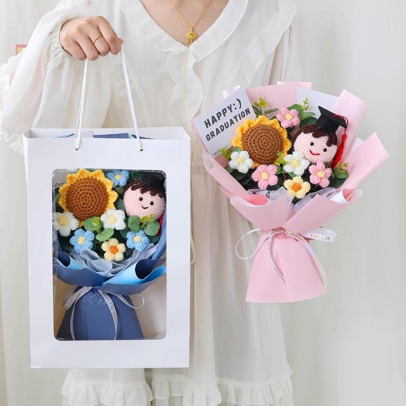 Crochet Bouquet Graduation Flower Gift Hand-woven Sunflower Bouquets Graduation Finished Crochet Flower Birthday Gift