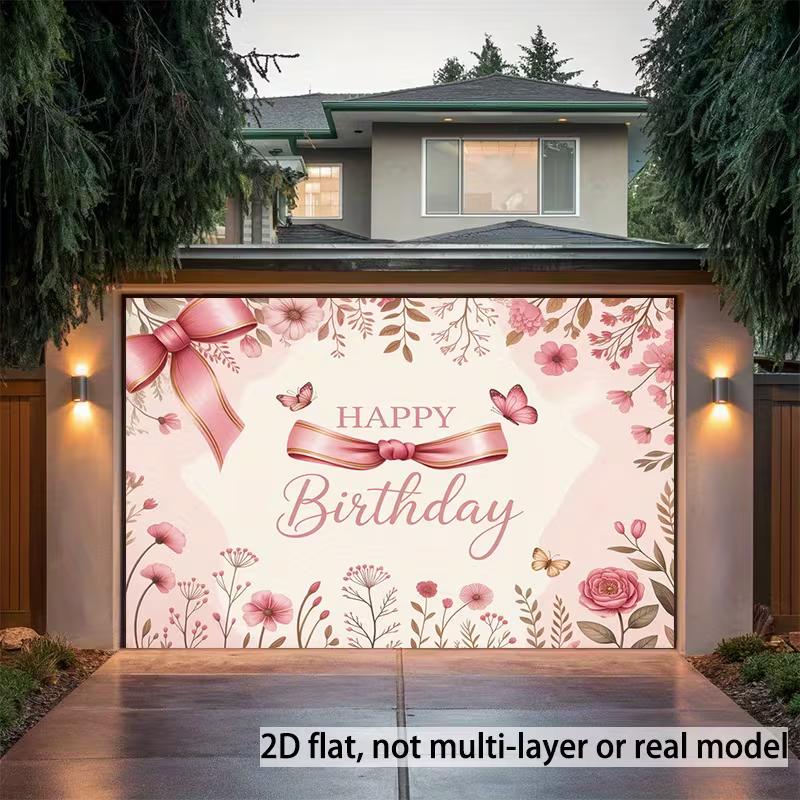 2D Butterfly Floral Happy Birthday Backdrop Soft Pink Bow Background for Women Birthday Party Photo Booth