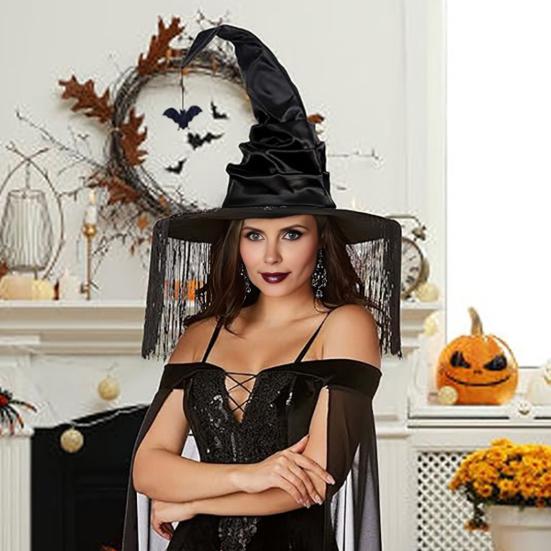 Женская шляпа ведьмы на Хэллоуин, черная шляпа ведьмы с большими полями и бахромой, косплей