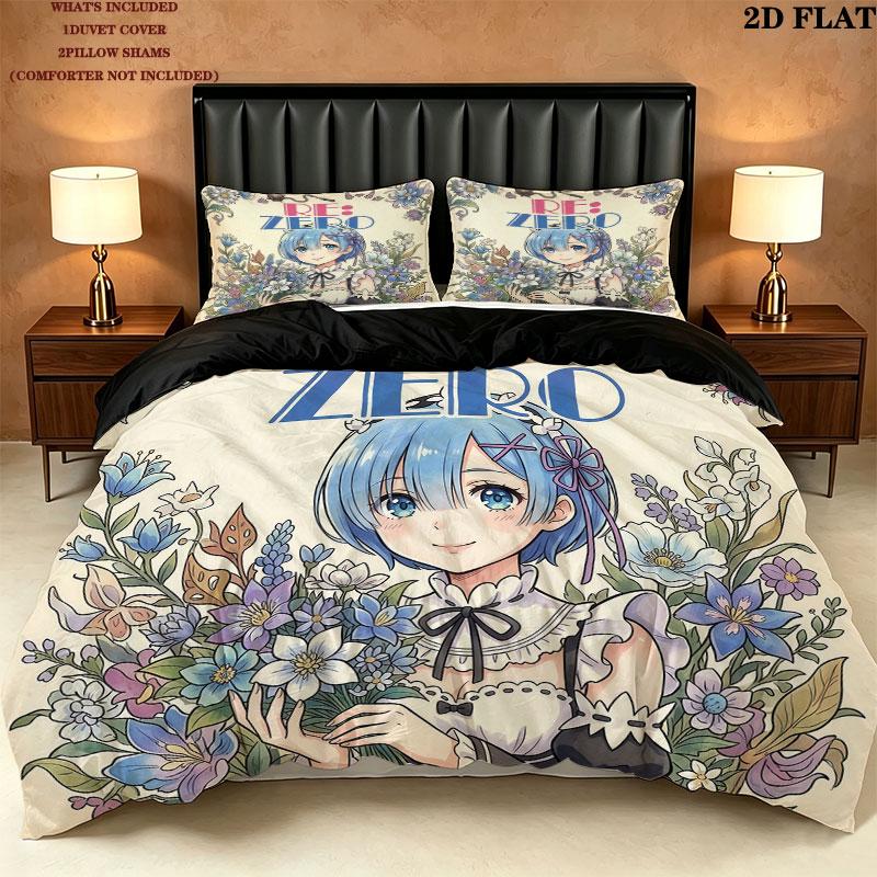 Re Zero Pattern Bedding Quilt Set Quilt Cover Pillowcase Home Birthday Gift(1 * duvet cover + 2 * pillowcase, without core)