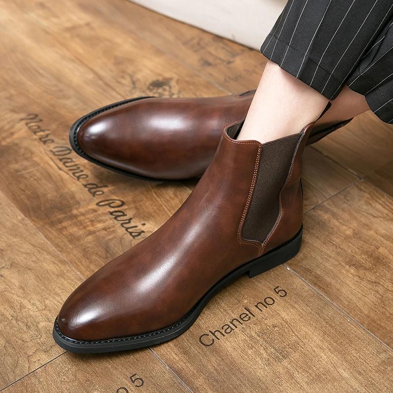 2024 New Chelsea Boots Men Shoes PU Brown Fashion Versatile Business Casual British Style Street Party Wear Classic Ankle Boots