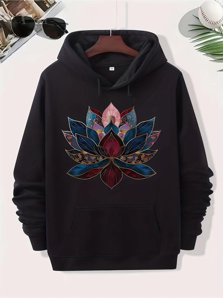 Lotus-Patterned Retro-Style Cute Hoodie, Urban Chic, Fun Design, Sturdy And Durable, Patterned Sweatshirt, Street Style.