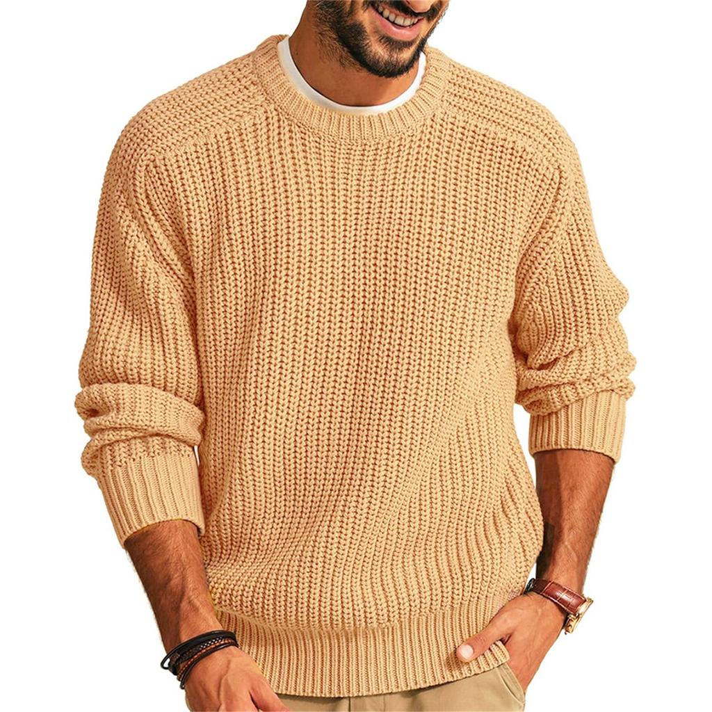 New Men's Solid Color Long Sleeve Round Neck Fashion Sweater Loose American Retro Knitwear