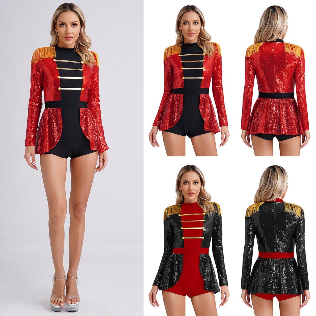 Womens Halloween Ringmaster Bodysuit Dress Sequin Jumpsuit Circus Cosplay Costumes