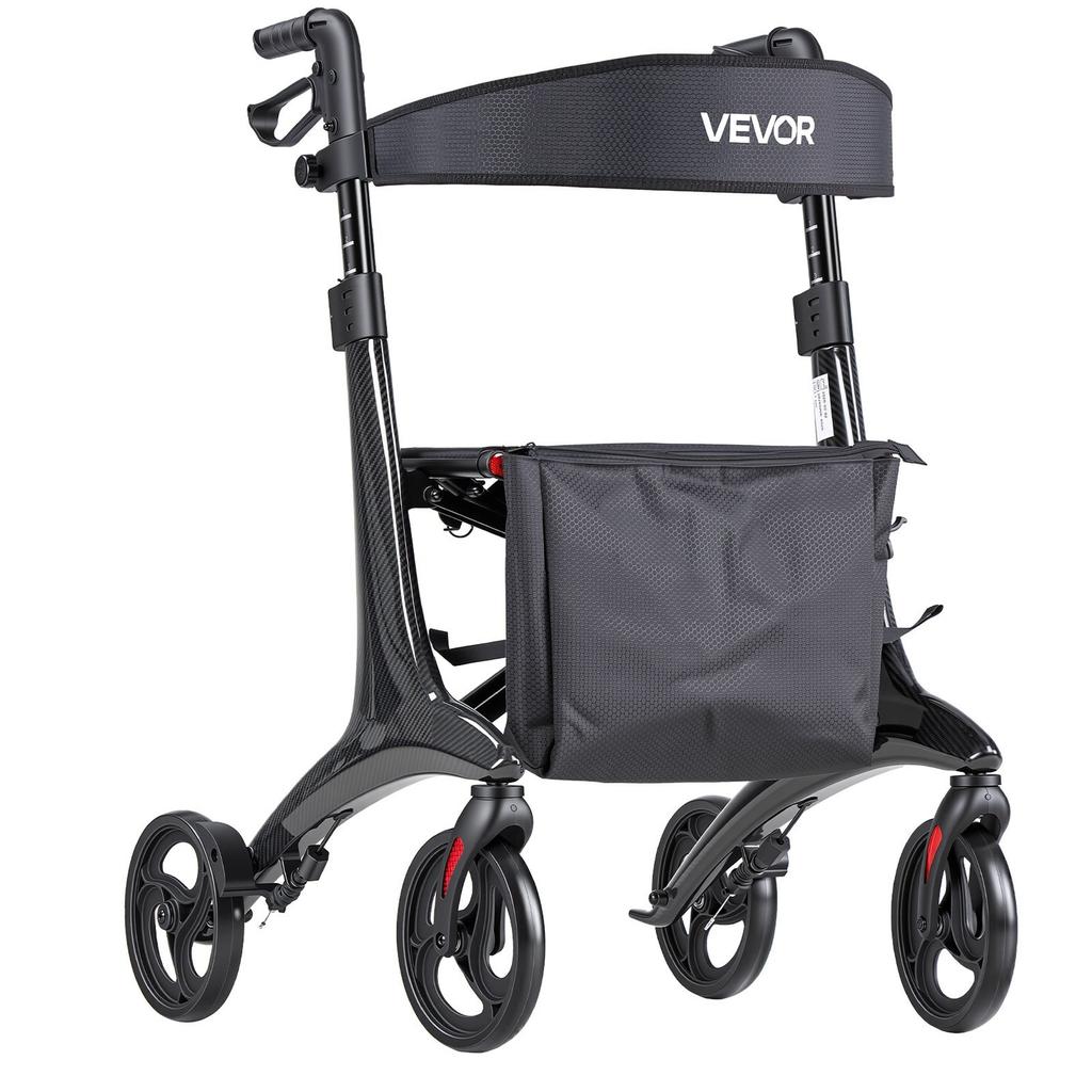 Rollator Walker with Seat for Seniors, Foldable Lightweight Rolling Walker, Carbon Fiber Mobility Walking Aid with 8" Solid PVC Wheels and Adjustable