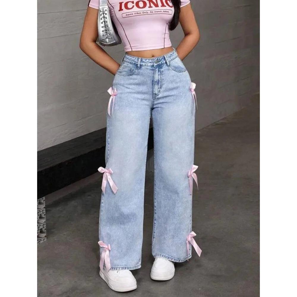 Женские повседневные джинсы с бантом Y2k Blue Baggy Denim Trousers Loose Straight Sweet Coquette Aesthetic Washed Jeans