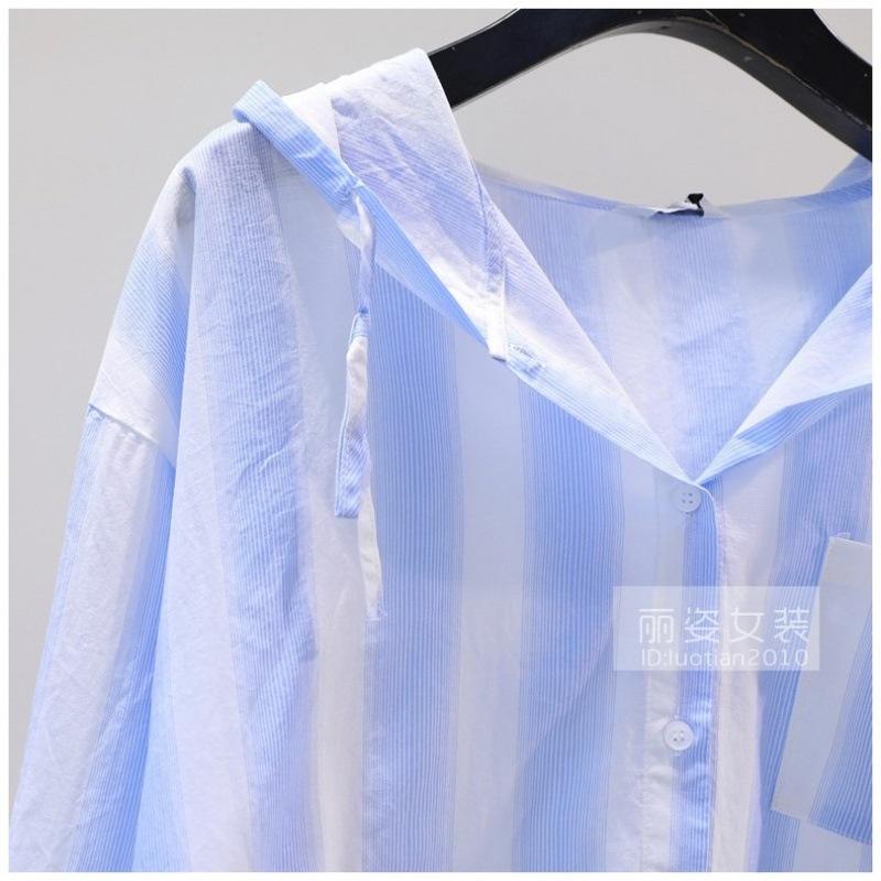 Рубашка в розовую вертикальную полоску, женская свободная куртка с капюшоном, солнцезащитный крем, тонкая хлопковая рубашка, кардиган с длинными рукавами, удобная женская одежда