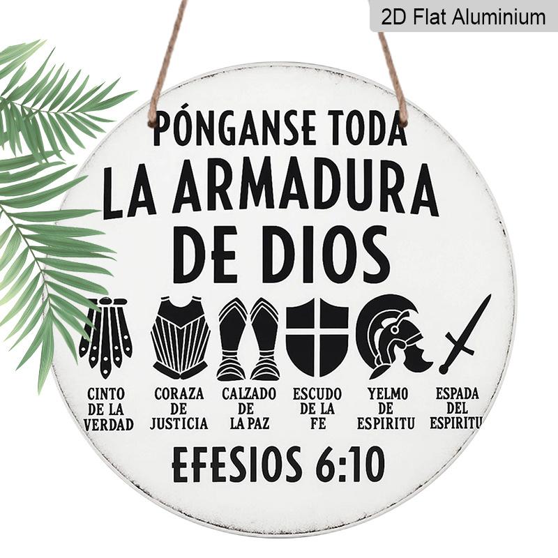 2D Flat, 1pc 7.87*7.87 Inch Round Spanish Aluminum Sign, a Vintage Decorative Plaque About "The Armor of God" from Ephesians 6:10. Suitable for