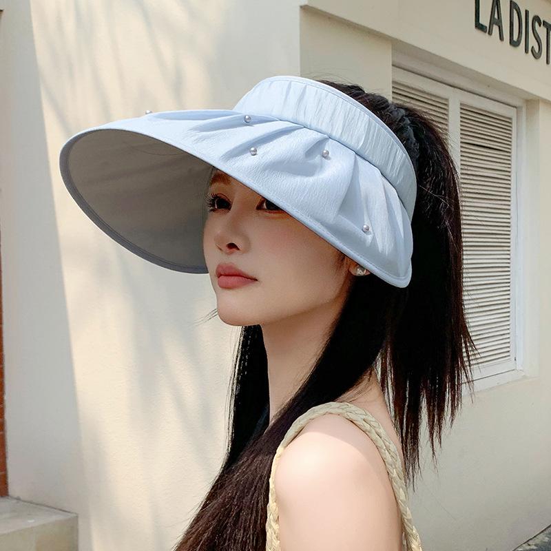 Летняя солнцезащитная шляпа женская для путешествий на открытом воздухе универсальная модная шляпа с открытым верхом жемчужная плиссированная шляпа от солнца с большими полями