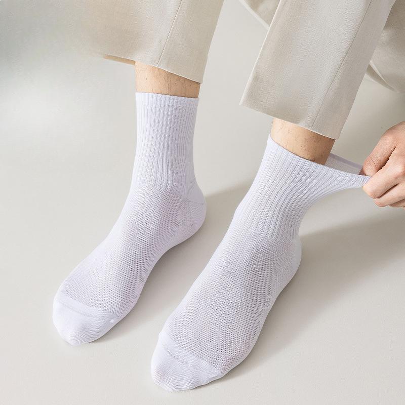 Men's Spring Mesh Mid-calf Socks Solid Color Massage Base Boneless Socks Antibacterial Men's High-top Cotton Socks