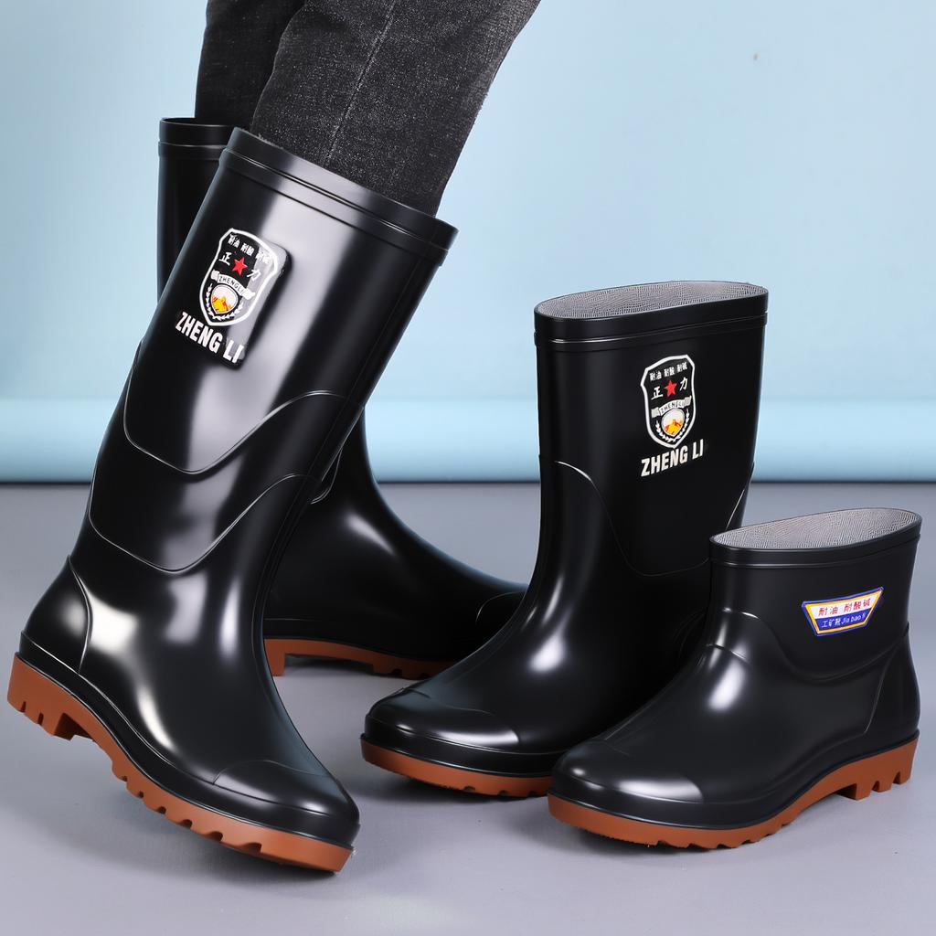 Men's rain shoes high tube short rain boots waterproof and non-slip thickened fleece cover acid and alkali resistant extra high water shoes