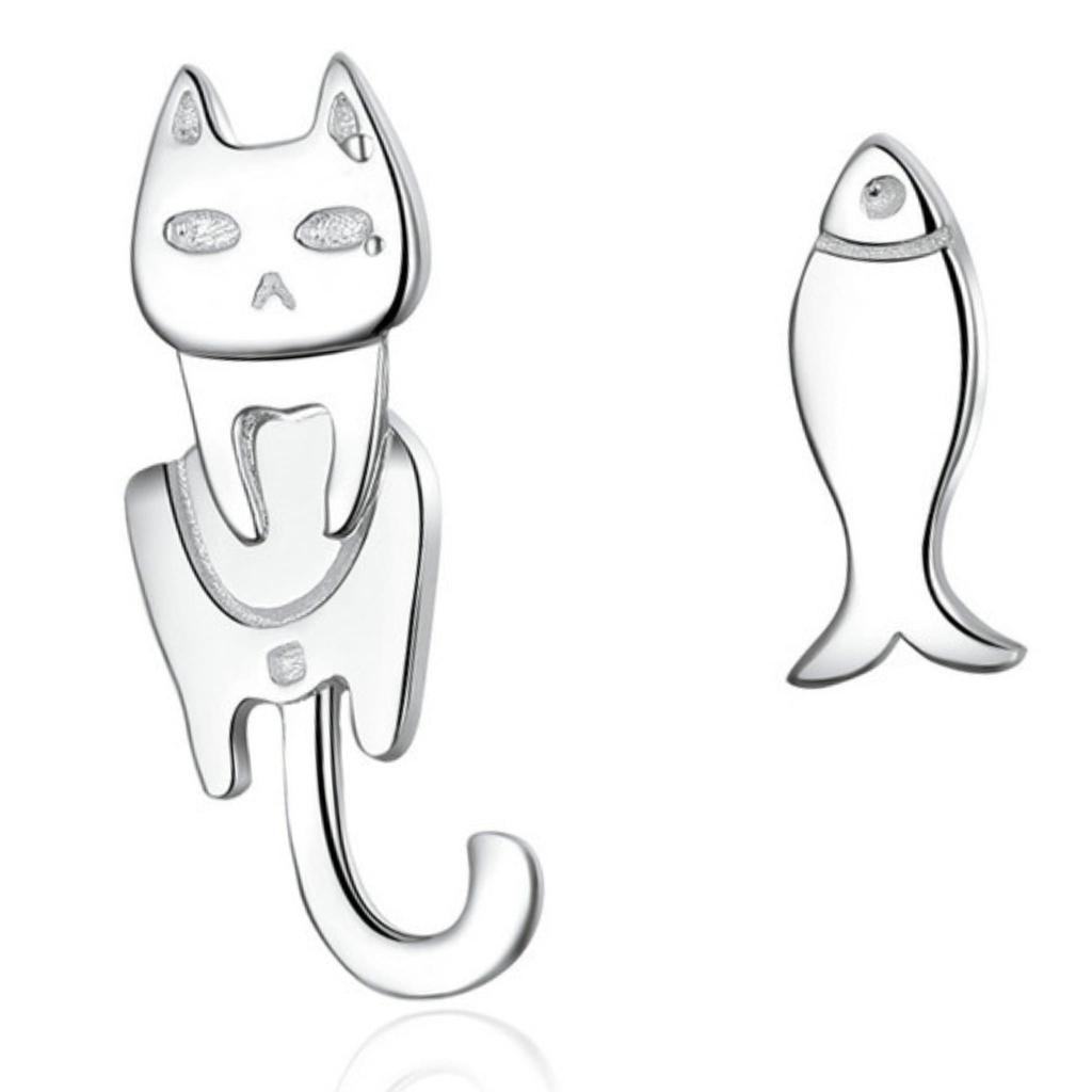 Silver cat and fish stud earrings, 925 silver