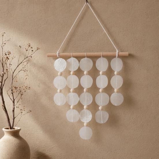 Handmade Natural Seashell Wind Chime, Retro Rope Knot & Wooden Ring, Clear Tinkling Sound, Coastal Hanging Decor for Window Guesthouse Kids Room