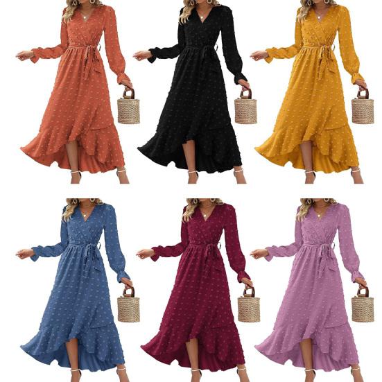 Long Sleeve Maxi Dress for Women V Neck Dot Design Boho Wrap Dress Casual Flowy Slit Wedding Guest Dress for Cocktail Party
