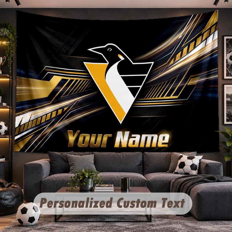Wall Hanging Tapestry Custom NamePittsburgh Penguins Pattern Personalized Printed Fabric Wall Decor