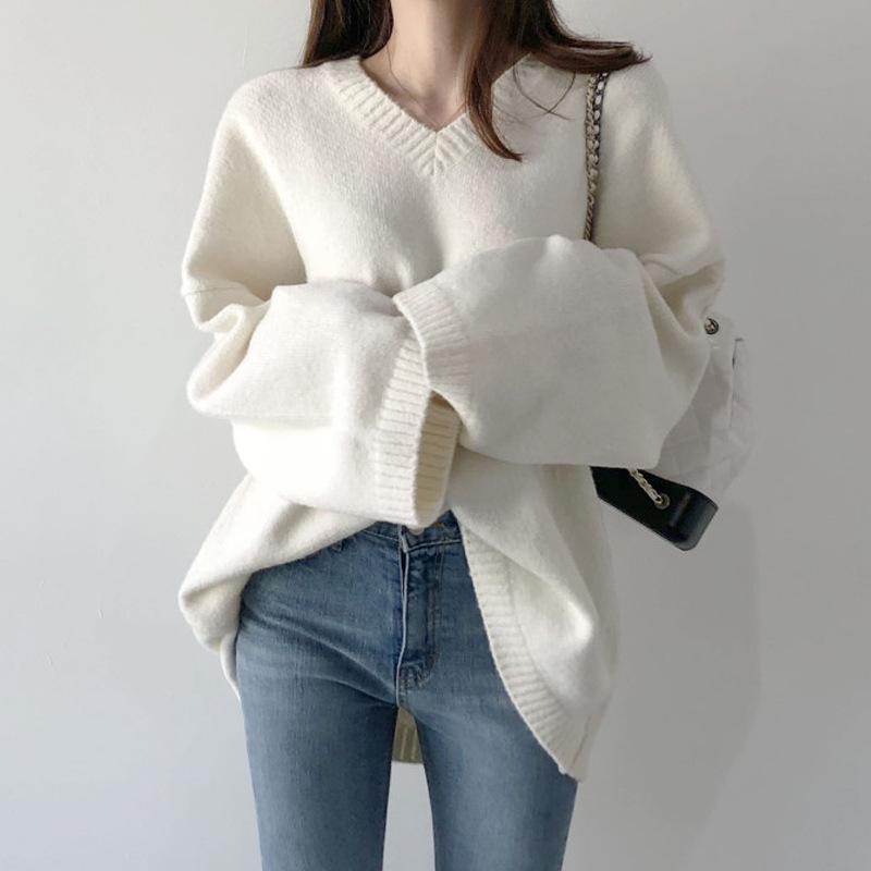 Korean Lazy Style V-Neck Loose Knit Sweater - Black, White Base Layer for Women, 2026 Autumn/Winter Trend