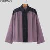 INCERUN Men Lapel Neck Long Sleeve Lace Hem Ruffled Casual See Through Shirts Tops