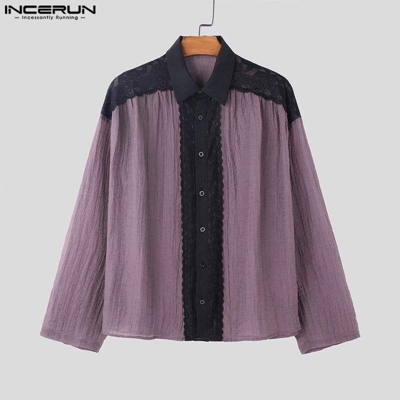 INCERUN Men Lapel Neck Long Sleeve Lace Hem Ruffled Casual See Through Shirts Tops