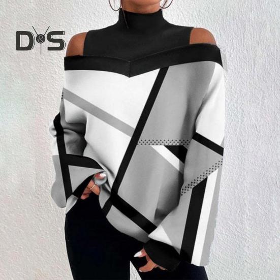 Женские осенне-зимние топы с контрастным цветным принтом, свободная футболка с воротником и открытыми плечами, фонариком и длинными рукавами