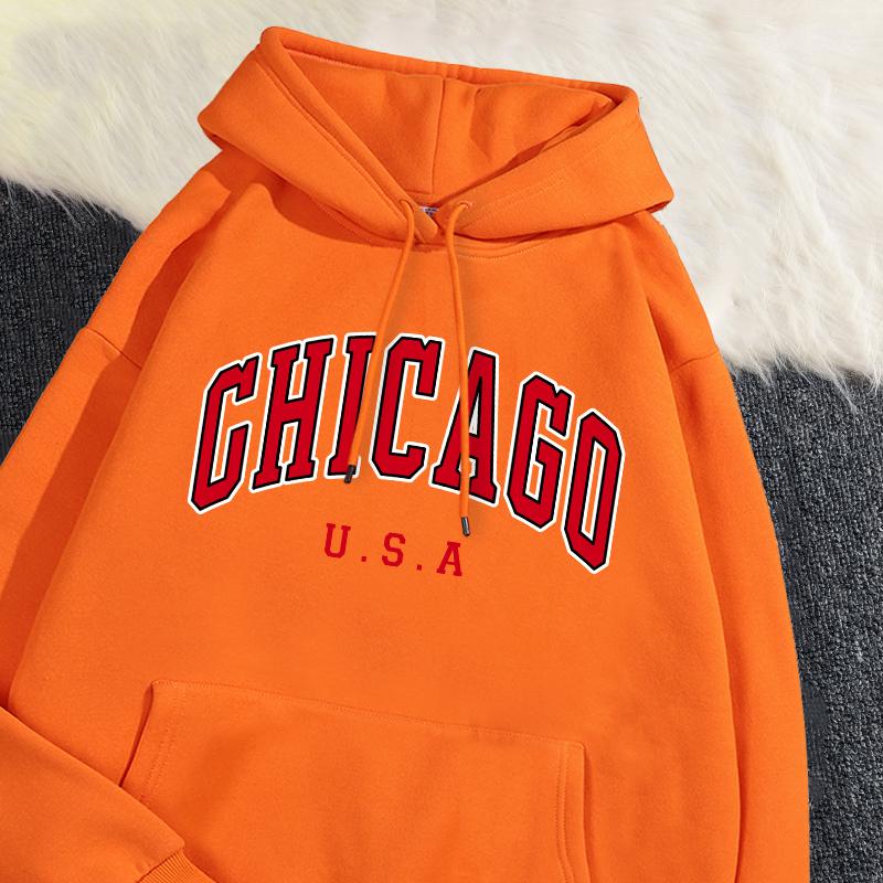 Повседневная женская толстовка с капюшоном Chicago Usa City Letter Graphic Printing Pullover Флисовая удобная толстовка с карманами Осенняя уличная одежда