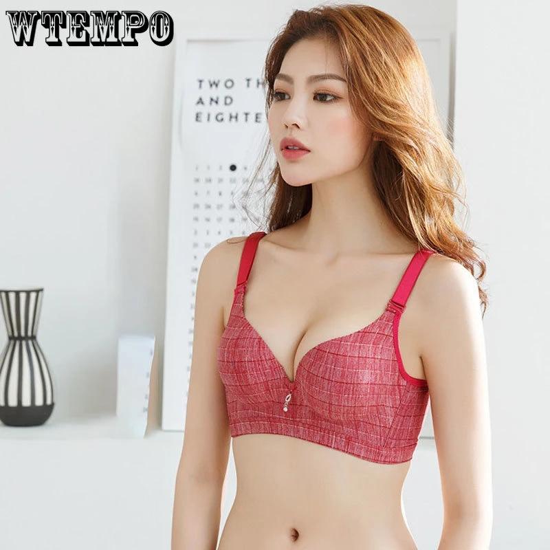 Gather Bra for Women Plaid Thick Adjustable Invisible Bra Without Steel Ring A Cup Sexy Push Up Bralette Sensual Lingerie