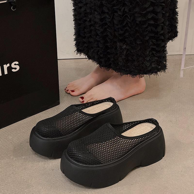Black Non-slip Platform Female Mesh Breathable Half-toe Baotou Slippers Casual Versatile Beach Shoes Slides Women Sandalias 2024