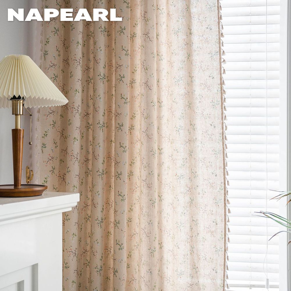 Жемчужно-бежевый Лен 1 шт. Хлопок Тюлевая Пряжа Штора Цветочный Узор 40% Затенение Оконные Шторы Для Гостиной Спальни Балкона Декор