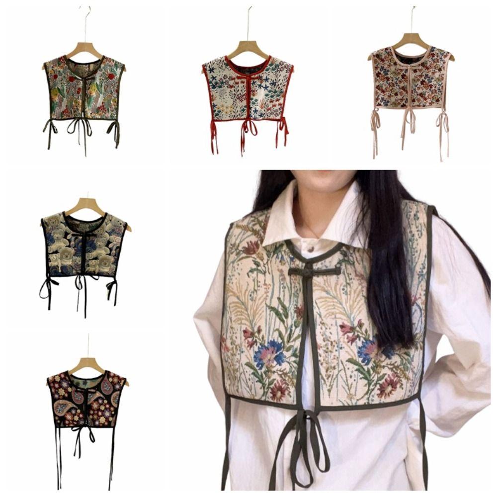 Кейп-накидка с цветочным принтом, с ложным воротником, со шнуровкой на талии, женский вышитый жилет для девочек