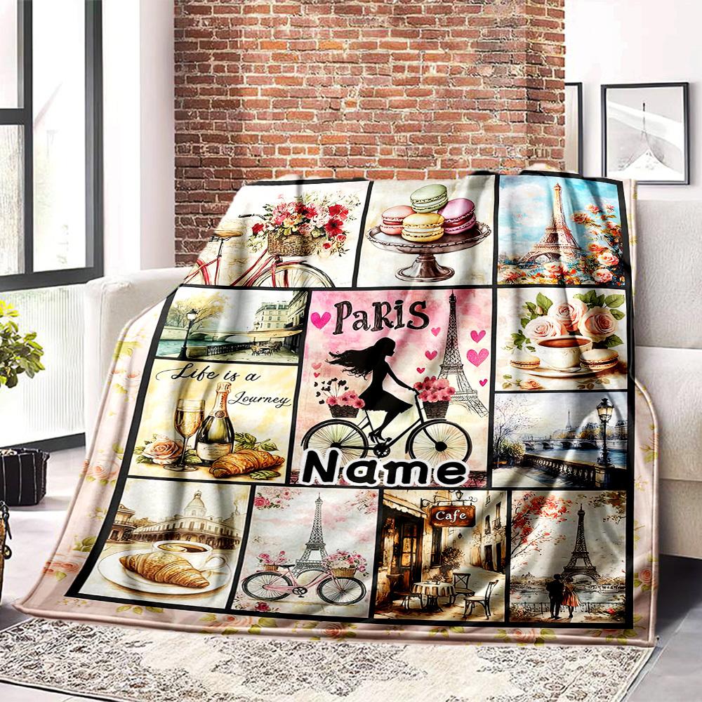 Parisian Charm Customized Name Blanket Comfortable Soft Lightweight Allseason Multipurpose Blanket For Picnics Sofas Offices Beds Living Rooms Perfect