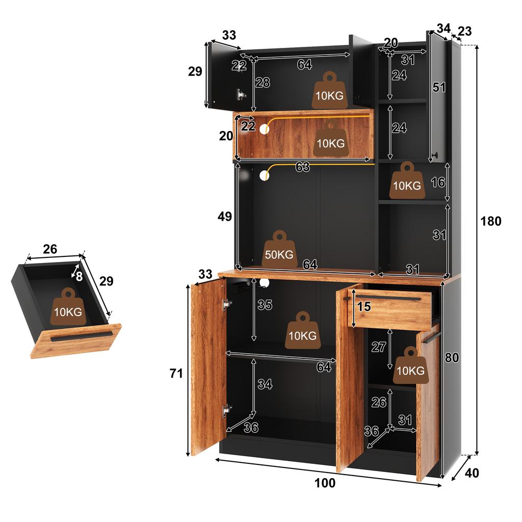 Kitchen Cabinet with LED Lighting and Sockets, 6 Doors and 1 Drawer, Buffet Sideboard for Kitchen, Living Room and Dining Room, 100 × 40 × 180 cm