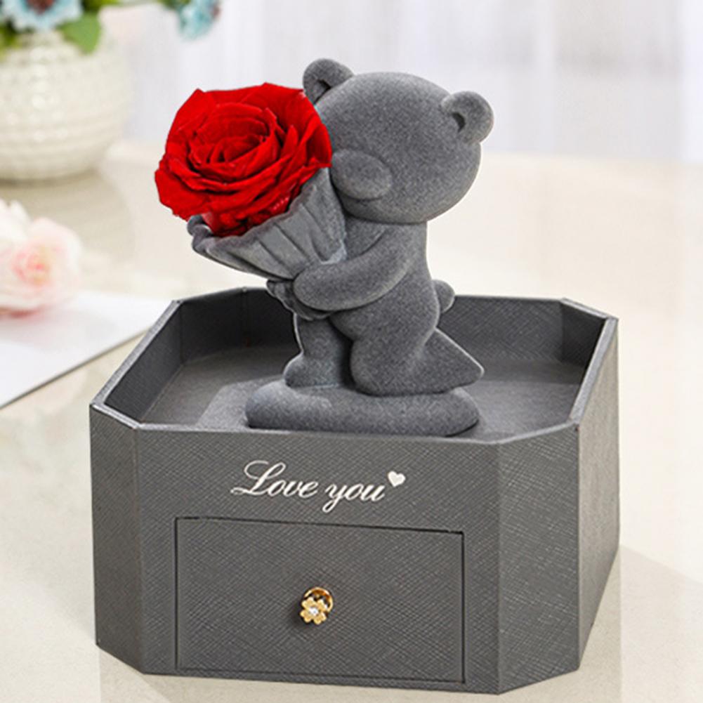 Flocking Bear Figurines with Preserved Rose Eternal Rose with Gift Box Romantic Gift for Girlfriend Wife Valentine's Day Gift