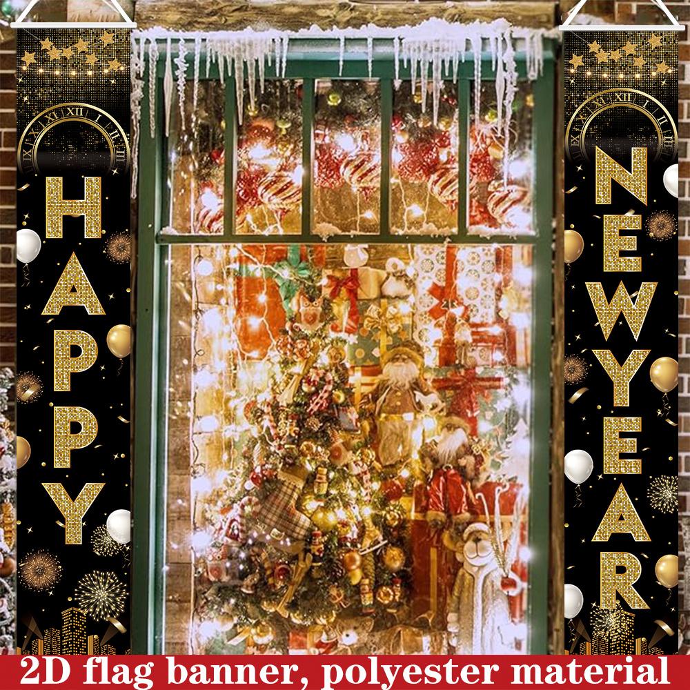 Happy New Year Couplet Banner Golden Black 1 Pair Polyester 180x30cm Indoor Outdoor Decor