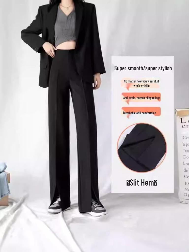 Женские брюки-костюмные микроклеш с разрезом и широкими штанинами с высокой посадкой на осень 2024 года - Универсальные, стройнящие, повседневные брюки