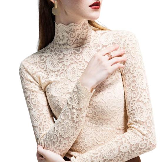 Women Bottoming Top Slim Fit High Collar Long Sleeve Hollow Out Solid Color Daily Collocation Thin