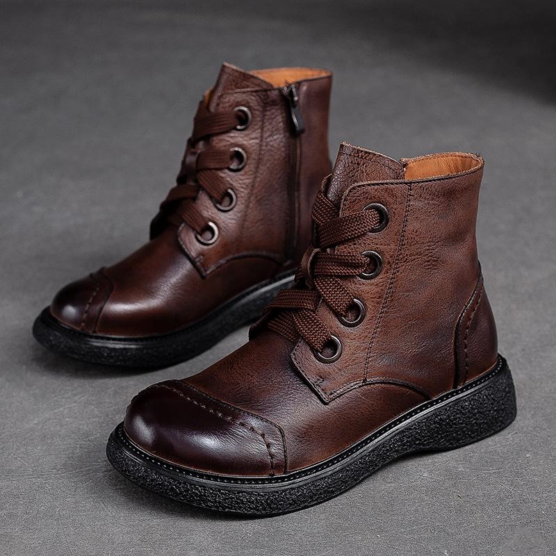 Fashion GKTINOO Genuine Leather Women Short Boots 2025 New Winter Round Toe Ziper Solid Color Handmade Retro Ankle Boots