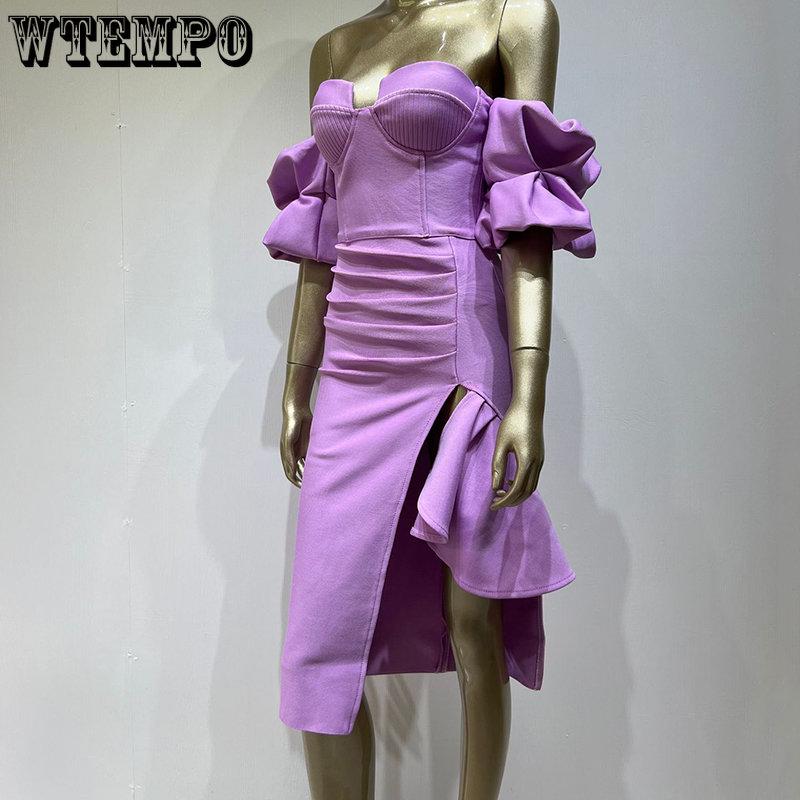 WTEMPO Летнее высокое качество женское длинное платье с открытыми плечами и боковым разрезом облегающее короткое платье с пышными рукавами для вечеринок знаменитостей