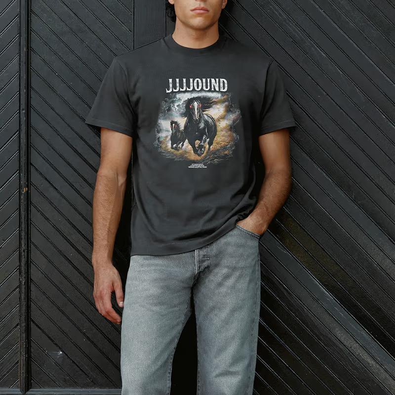 Коллаборация Levis X JJJJound FW24 Дизайн с принтом логотипа «Две лошади» Футболка унисекс с коротким рукавом и круглым вырезом Черный 0002F0000