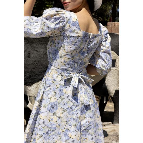Women's Blue Floral Square Neck Watermelon Sleeve Flared Dress