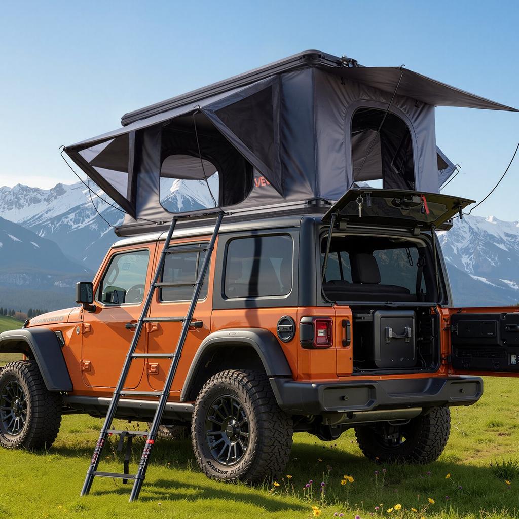 VEVOR Rooftop Tent Hard Shell, 2-3 Person Aluminum Roof Top Tent Hardshell with Tri-Color LED Light, Thick Mattress & 2 Windows